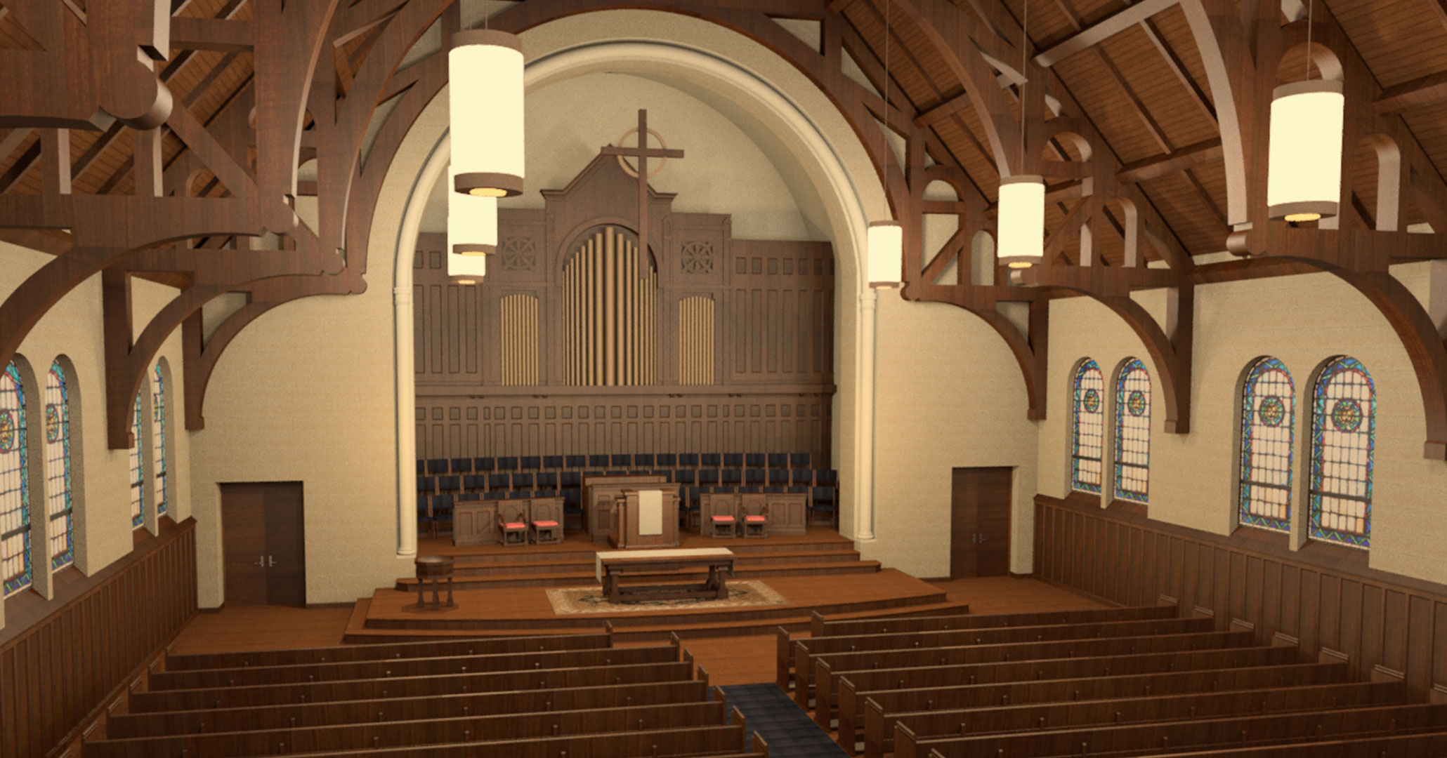 Historic Preservationists and Interior Designers at Boudreaux worked with First Presbyterian Church in Spartanburg, SC rendering.