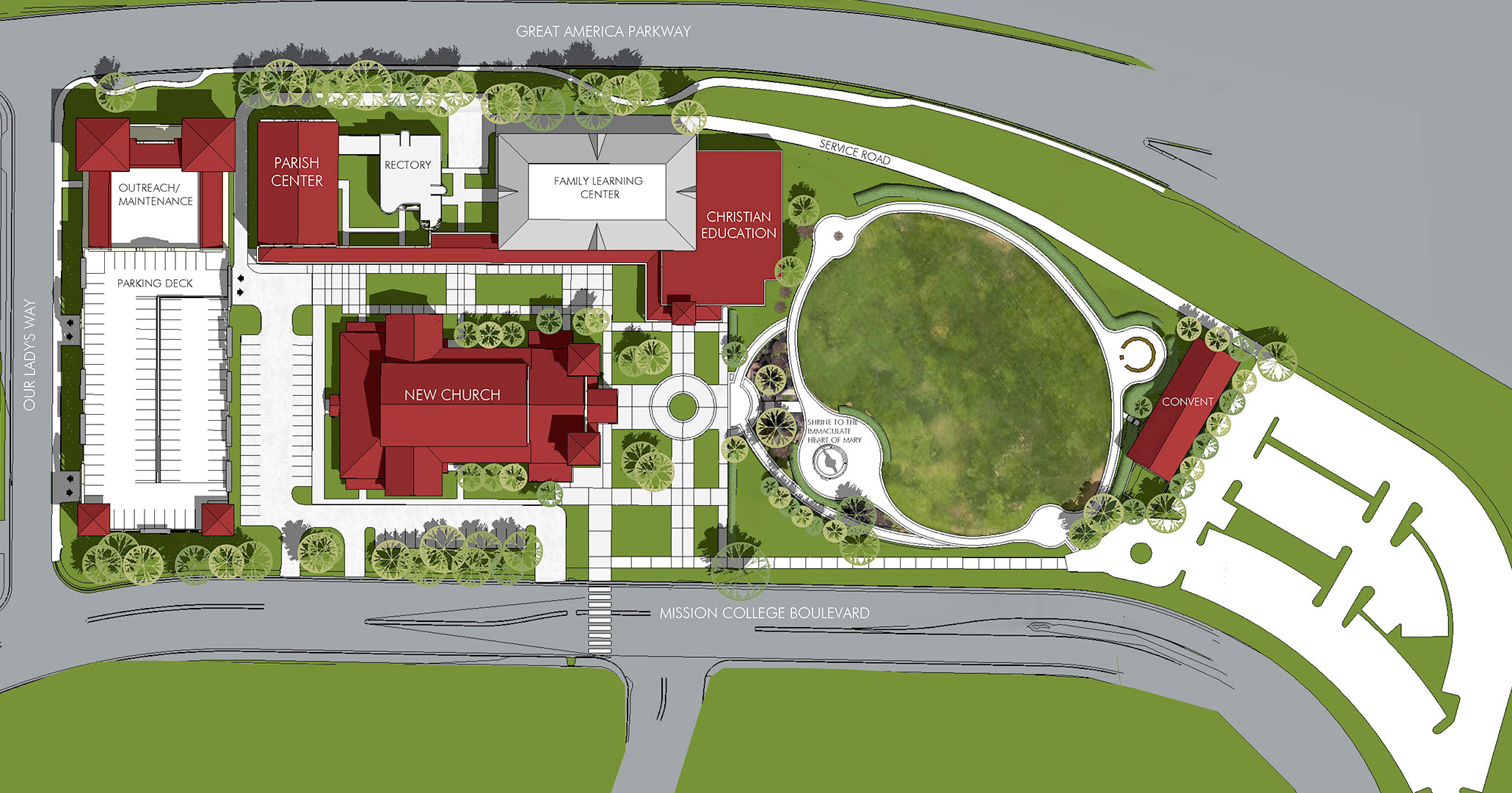 Drawing of the new Out Lady of Peace Campus in Santa Clara, CA.