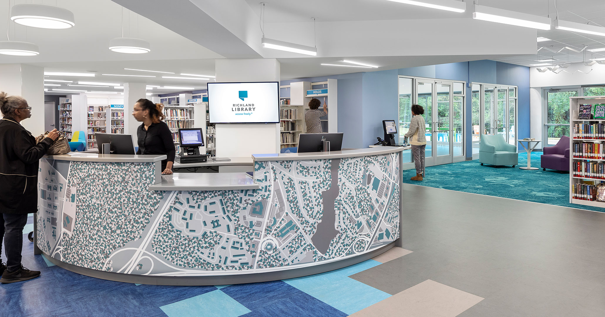 Boudreaux architects worked with the Richland Library design Richland Library Northeast Branch Location. Updating libraries through good design.