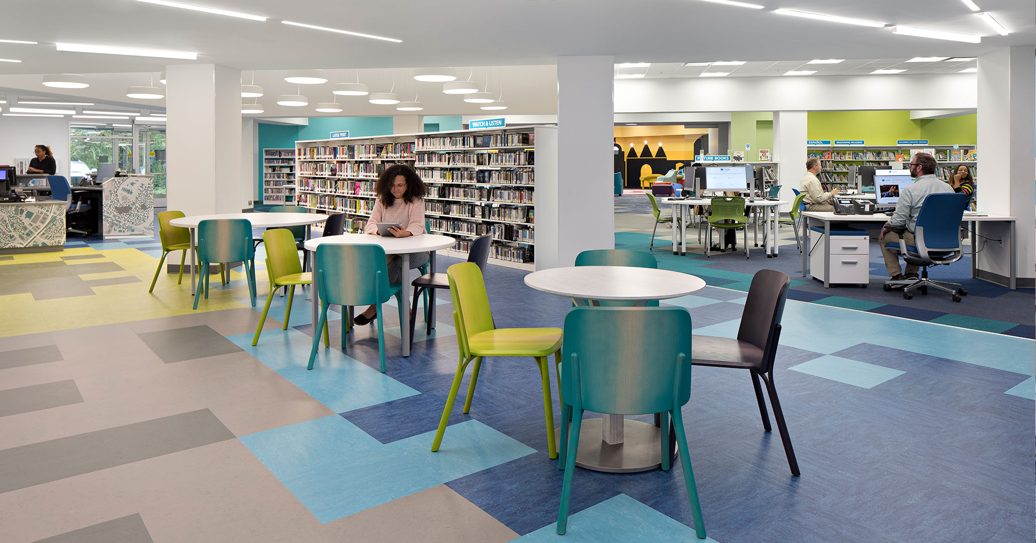 Boudreaux architects worked with the Richland Library to design the interiors at the Richland Library Northeast Branch Location. The colorful interior welcomes the community.