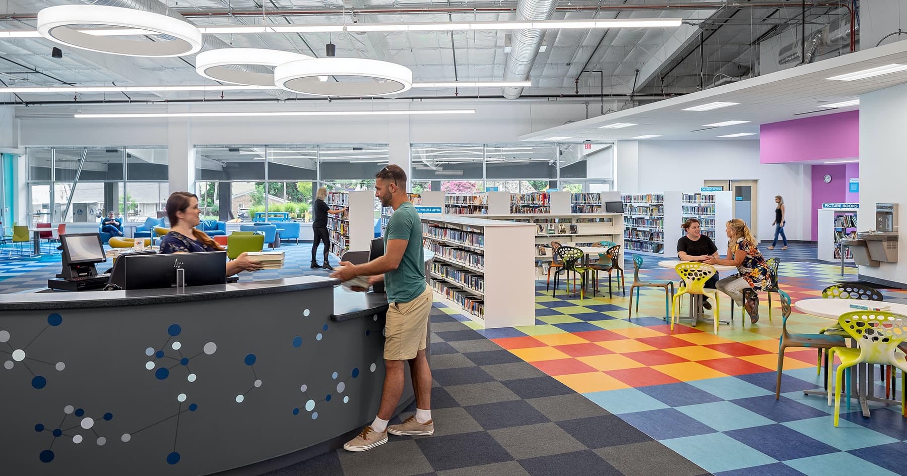 Boudreaux architects in Columbia, SC transformed an industrial building into a colorful open concept library