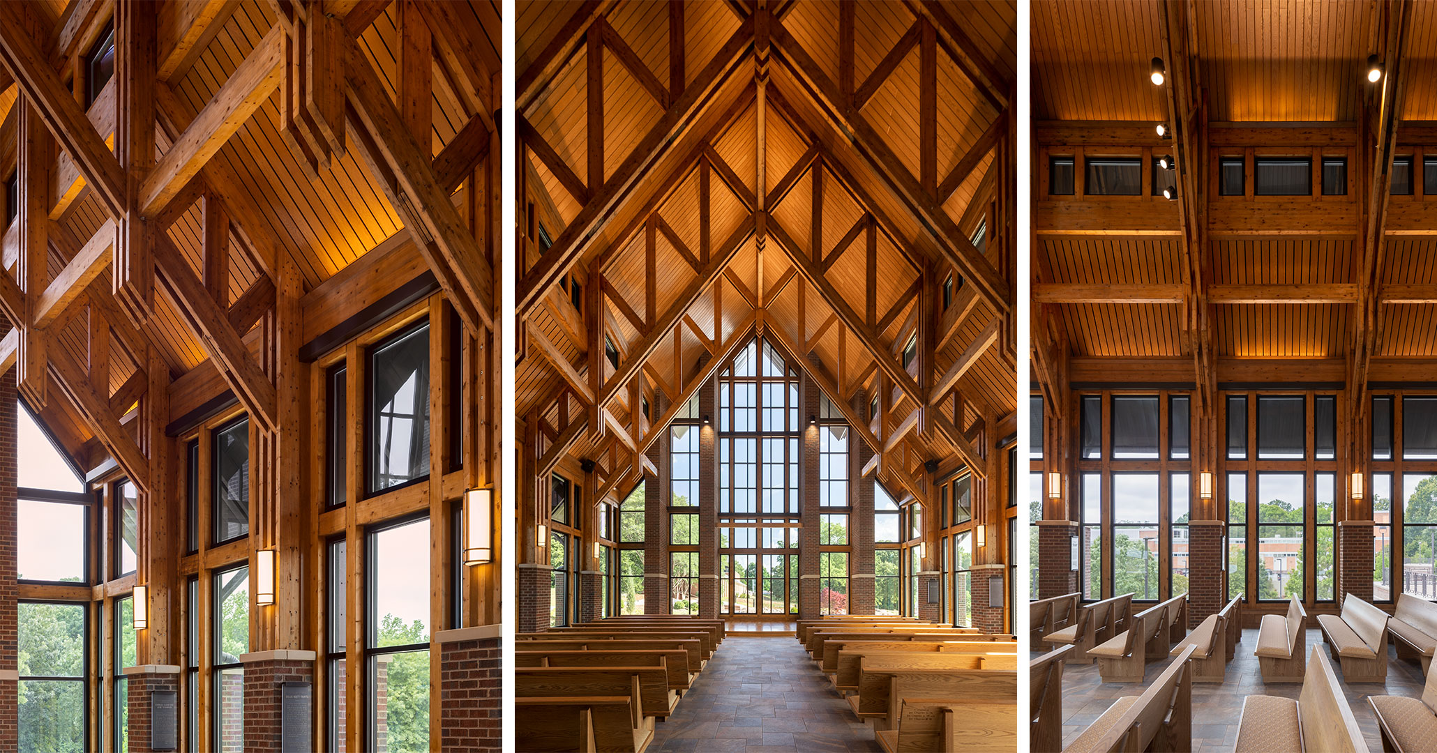 Wooden interior brings nature inside the Clemson Chapel designed by BOUDREAUX.