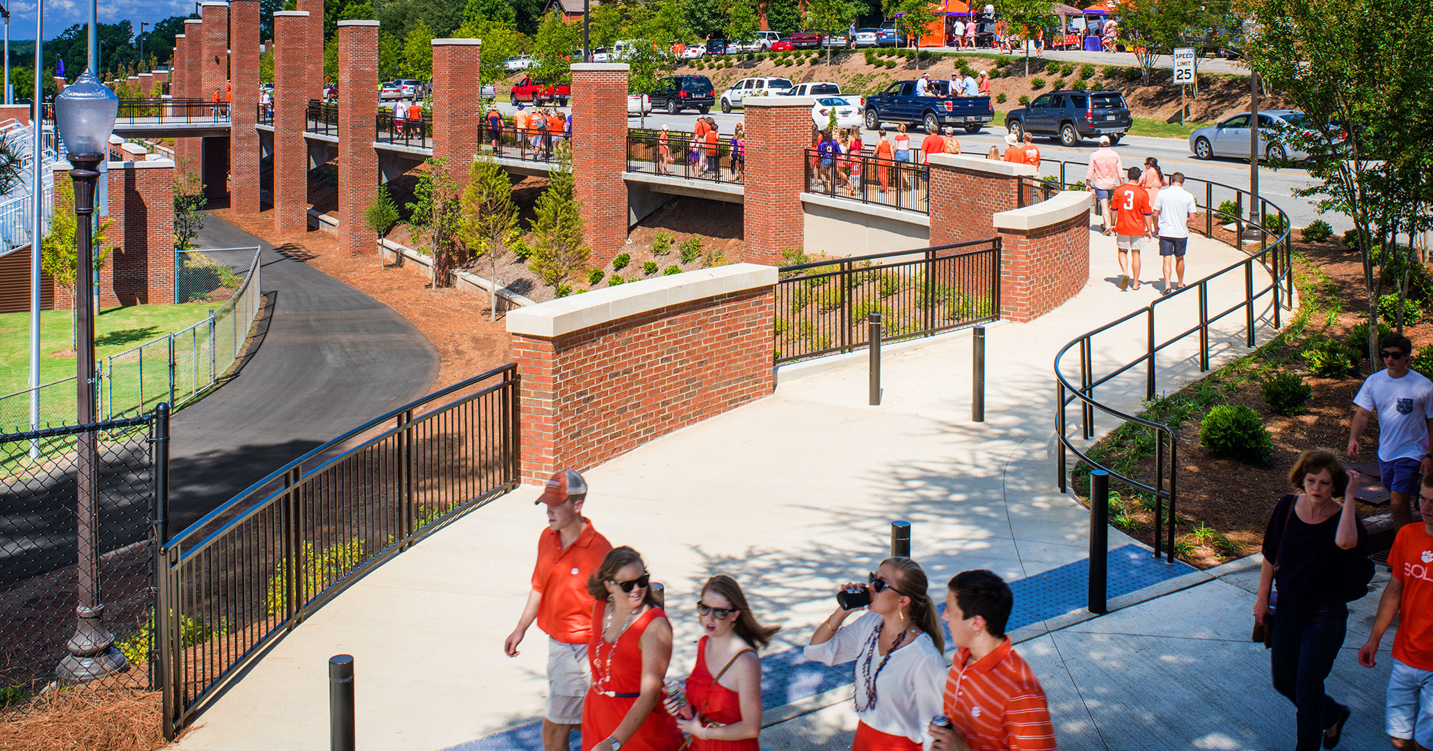 Clemson University worked with Boudreaux master planners and designers to improve pedestrian traffic building the pedestrian walkway past the famous Memorial Stadium.