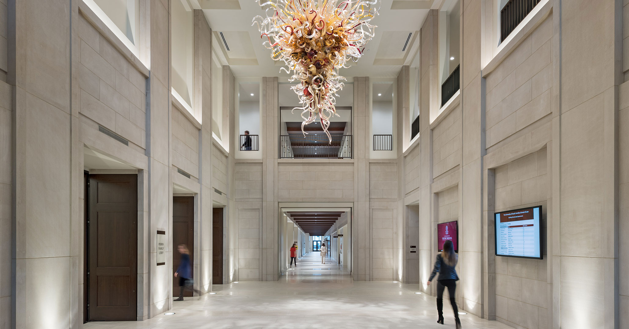 Boudreaux architects designed the new Law School with a glass sculpture made by Chihuly.